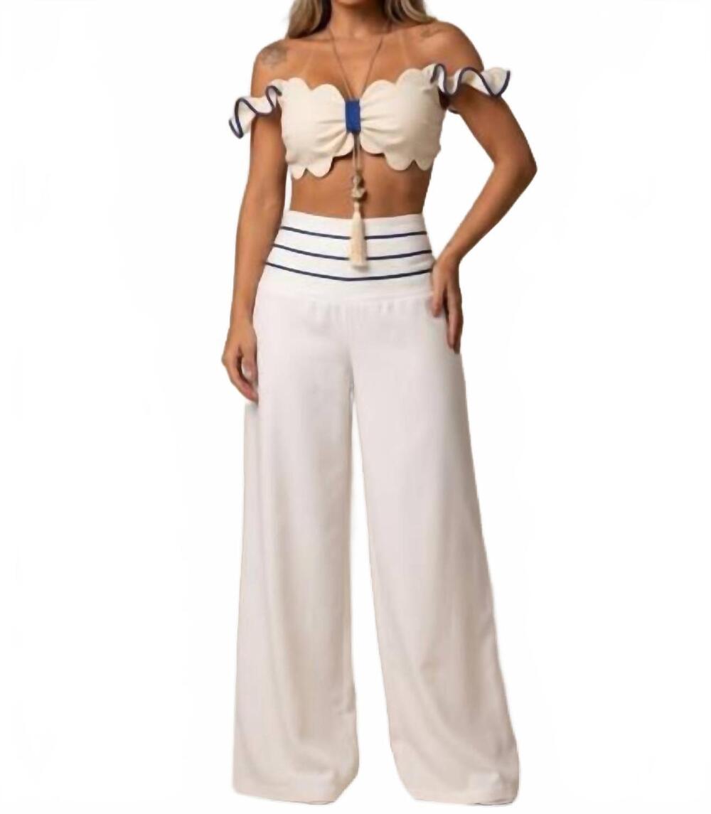 NEW QUEEN FASHION WHOLESALE scalloped top and pants set in beige
